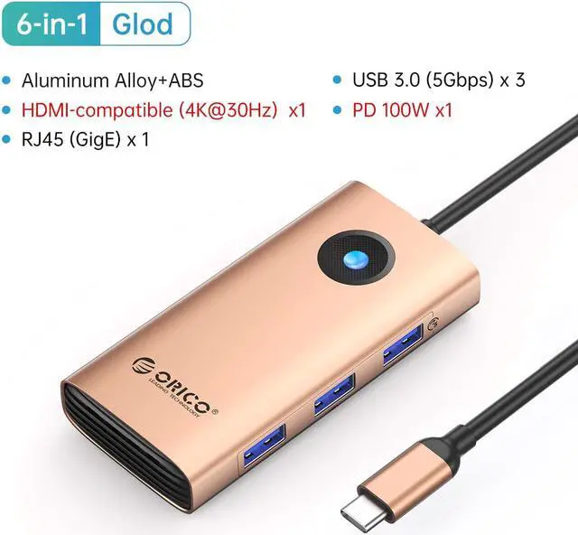 Alt view image 6 of 6 - ORICO 6-in-1 USB-C HUB USB C to HDMI Type C Adapter Mini Docking Station with 4K@30Hz HDMI 100W Laptop PD Charging, USB 3.0 RJ45 (GigE) for MacBook Pro, Windows, Chrome OS, Linux Gold