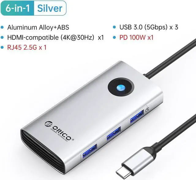 Alt view image 7 of 7 - ORICO 6-in-1 USB-C HUB USB C to HDMI Adapter Mini Docking Station with 4K@30Hz HDMI 100W Laptop PD Charging, 3 x USB 3.0 RJ45 2.5G for MacBook Pro, Windows, Chrome OS, Linux Silver