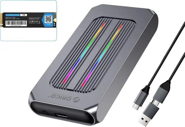 Main image of ORICO M.2 NVMe SSD 1TB PCIe Gen3. X4, NVMe 1.3 64L 3D NAND QLC Internal Solid State Drive 2280 with RGB M.2 NVMe SSD Enclosure