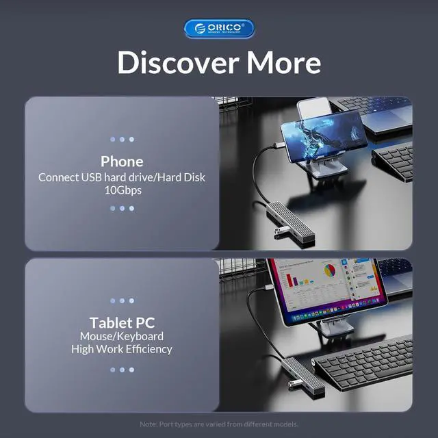 Alt view image 4 of 7 - ORICO  USB 3.2 HUB 10Gbps Type C  4 Ports Hub With PD100W SD TF With 100W Power Delivery Splitter OTG Adapter for Macbook PC Computer Laptop(3 USB A+1USB C)