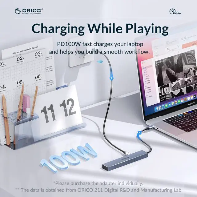 Alt view image 4 of 7 - ORICO USB 3.2 4 in 1 HUB, PD 100W ,Ultra-Slim Aluminum, With 3 x Type C Port Ultra-Slim Data USB Hub for MacBook, Mac Pro, Mac mini, iMac, Surface Pro, XPS, PC, Flash Drive, Mobile HDD