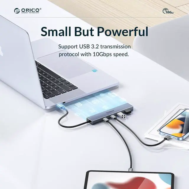 Alt view image 3 of 7 - ORICO USB 3.2 4 in 1 HUB, PD 100W ,Ultra-Slim Aluminum, With 3 x Type C Port Ultra-Slim Data USB Hub for MacBook, Mac Pro, Mac mini, iMac, Surface Pro, XPS, PC, Flash Drive, Mobile HDD