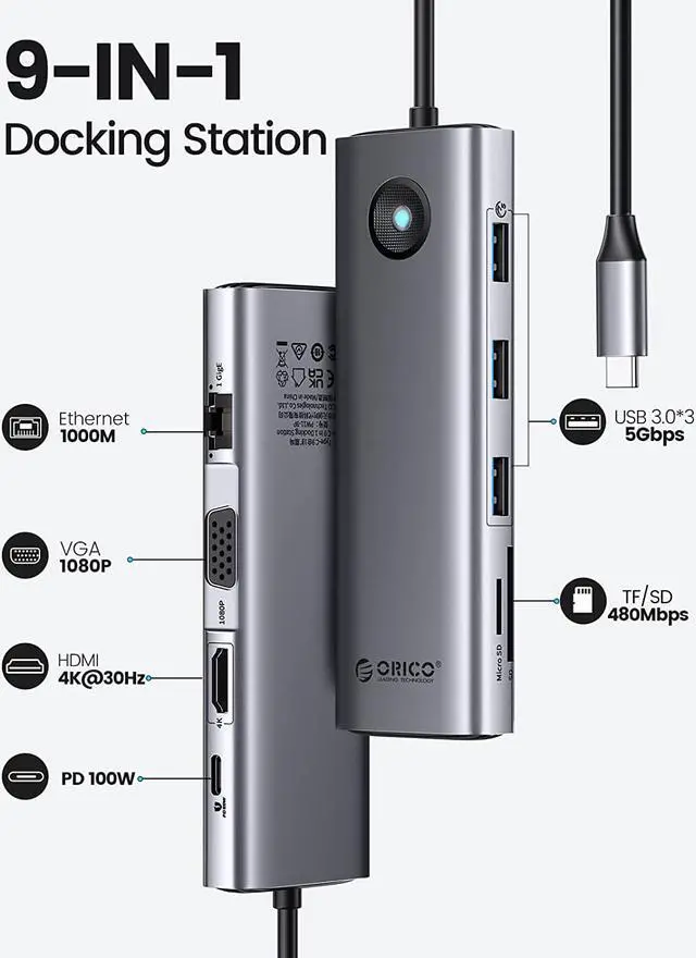 Alt view image 2 of 6 - ORICO USB C Docking Station,9 in 1 USB C Dock with 1000Mbps with HDMI-Compatible 4K+PD100W+3*USB3.0+Ethernet+SD/TF+VGA,USB C Multiport Adapter for MacBook/Dell/HP/Surface/Lenovo
