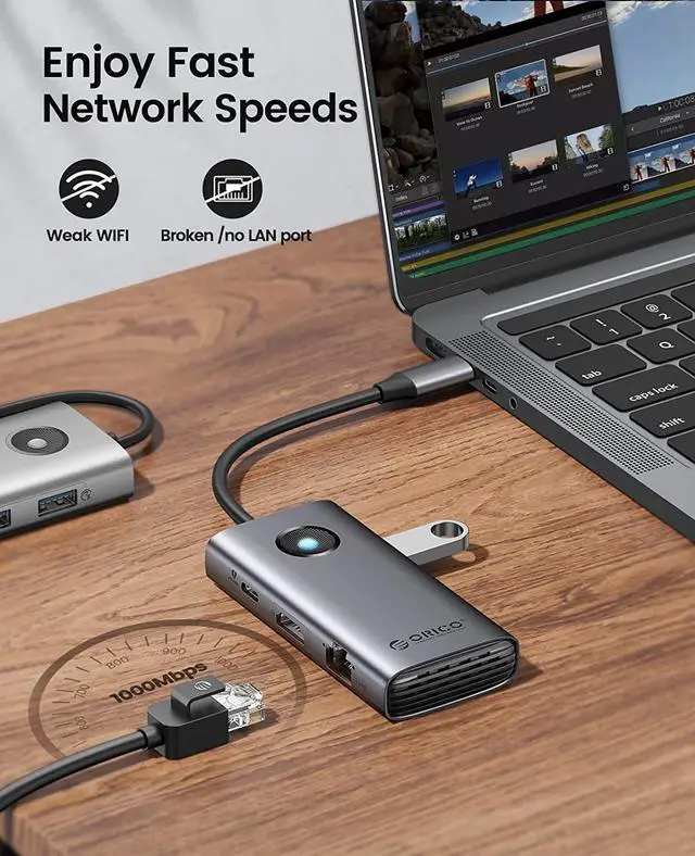 Alt view image 6 of 7 - ORICO USB C Docking Station,6 in 1 USB C Dongle with HDMI-Compatible 4K+PD100W+3×USB3.0+Ethernet, USB C Hub Multiport Adapter for MacBook/Dell/HP/Surface/Lenovo