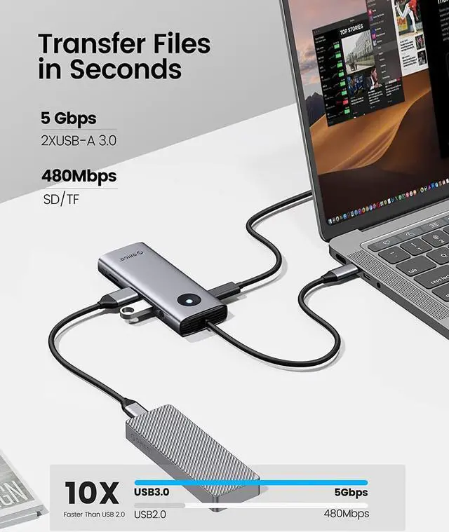 Alt view image 6 of 7 - USB C Hub, ORICO 8-in-1 USB C Docking Station with 4K HDMI-Compatible, 100W Power Delivery, 2 USB Port 5 Gbps, SD&TF, 3.5mm Audio, Gigabit Ethernet Type C Multiport Adapter for Windows Mac(Grey)