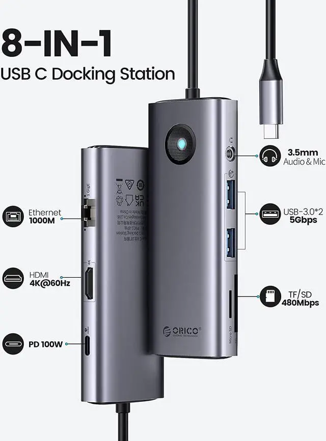 Alt view image 2 of 7 - USB C Hub, ORICO 8-in-1 USB C Docking Station with 4K HDMI-Compatible, 100W Power Delivery, 2 USB Port 5 Gbps, SD&TF, 3.5mm Audio, Gigabit Ethernet Type C Multiport Adapter for Windows Mac(Grey)
