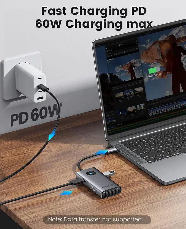 Alt view image 5 of 7 - ORICO 5-in-1 USB C Docking Station with 4K HDMI-Compatible, 60W Power Delivery, USB 3.0 5 Gbps and 2 USB 2.0 Data Ports USB C Dock for MacBook Air, MacBook Pro, XPS-Grey