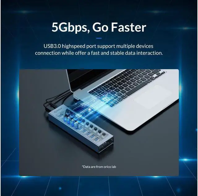 Alt view image 3 of 4 - [Refurbished] ORICO USB Hub 3.0 Powered 13 Ports USB Data Hub with 12V5A Power Adapter, Individual Power Switches, and LEDs, USB Extension for iMac Pro, MacBook Air