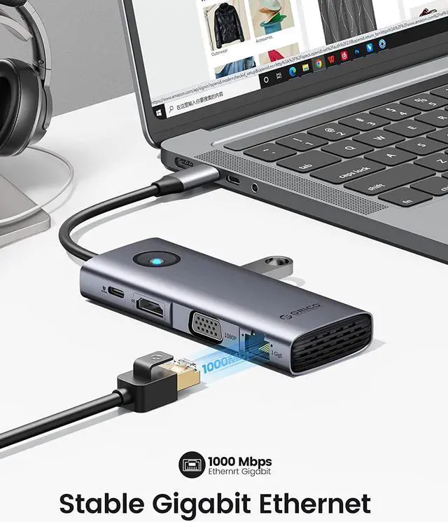 Alt view image 7 of 7 - ORICO USB C Docking Station, 8-in-1 Laptop USB C Dock with 4K HDMI-Compatible, VGA, Gigabit Ethernet, 3*USB 3.0 & 1*USB 2.0, 100W Power Delivery Compatible with MacBook, iPad, Steam Deck
