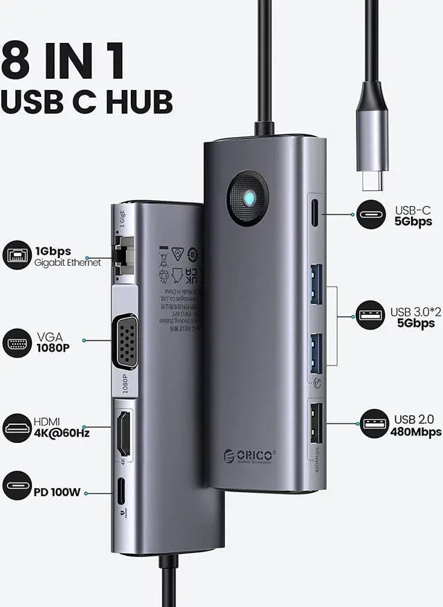 Alt view image 2 of 7 - ORICO USB C Docking Station, 8-in-1 Laptop USB C Dock with 4K HDMI-Compatible, VGA, Gigabit Ethernet, 3*USB 3.0 & 1*USB 2.0, 100W Power Delivery Compatible with MacBook, iPad, Steam Deck