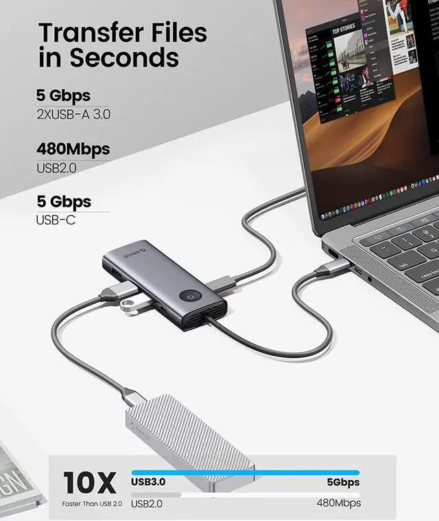Alt view image 3 of 7 - ORICO USB C Docking Station, 8-in-1 Laptop USB C Dock with 4K HDMI-Compatible, VGA, Gigabit Ethernet, 3*USB 3.0 & 1*USB 2.0, 100W Power Delivery Compatible with MacBook, iPad, Steam Deck