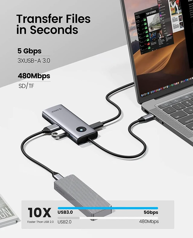 Alt view image 6 of 7 - ORICO USB C Docking Station,8 in 1 USB C Dongle with HDMI 4K+PD100W+3*USB3.0+Ethernet+SD/TF, USB C Hub Multiport Adapter for MacBook/Dell/HP/Surface/Lenovo