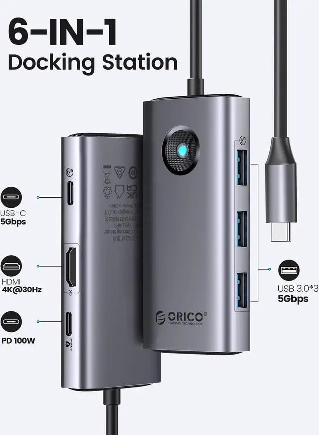 Alt view image 2 of 7 - ORICO USB C Docking Station,6 in 1 USB C Dongle with HDMI-Compatible 4K+PD100W+3×USB3.0,USB C Hub Multiport Adapter for MacBook/Dell/HP/Surface/Lenovo