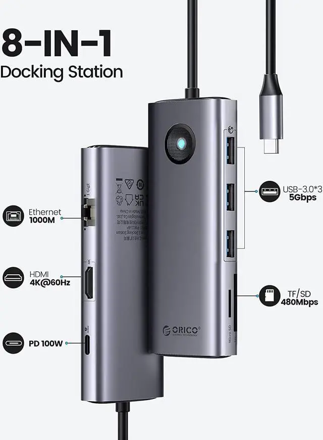 Alt view image 2 of 7 - ORICO USB C Docking Station,8 in 1 USB C Dongle with HDMI-Compatible 4K+PD100W+3*USB3.0+Ethernet+SD/TF, USB C Hub Multiport Adapter for MacBook/Dell/HP/Surface/Lenovo