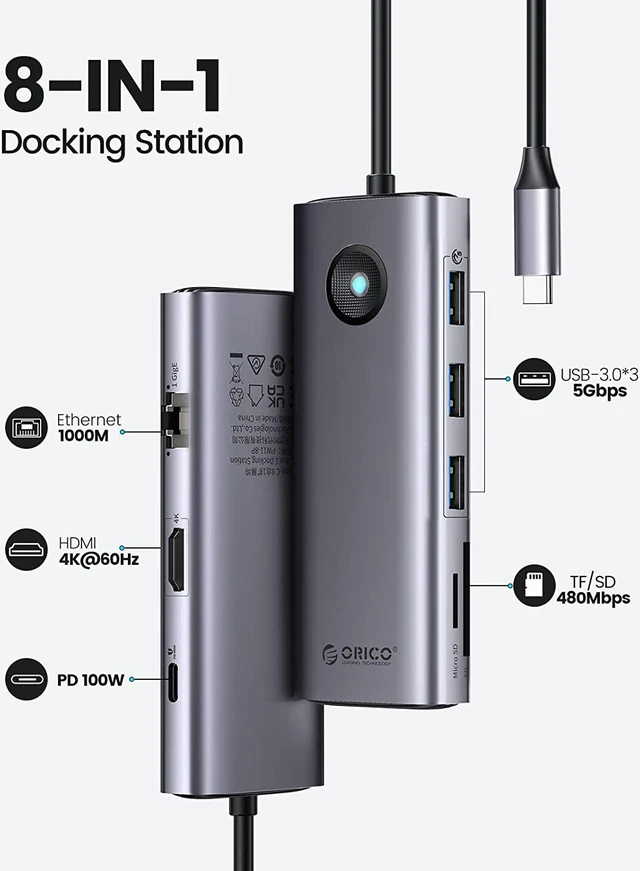 Alt view image 2 of 7 - ORICO USB C Docking Station,8 in 1 USB C Dongle with HDMI 4K+PD100W+3*USB3.0+Ethernet+SD/TF, USB C Hub Multiport Adapter for MacBook/Dell/HP/Surface/Lenovo