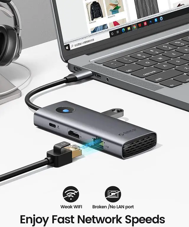 Alt view image 4 of 7 - ORICO USB C Docking Station,8 in 1 USB C Dongle with HDMI-Compatible 4K+PD100W+3*USB3.0+Ethernet+SD/TF, USB C Hub Multiport Adapter for MacBook/Dell/HP/Surface/Lenovo