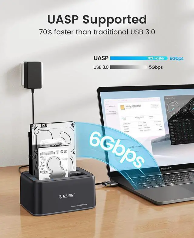 Alt view image 3 of 7 - ORICO SATA to Type-C Dual Bay HDD Docking Station for 2.5/3.5 inch HDD/SSD Support 2X18TB Max With Offline Clone Function 12V3A Power Supply