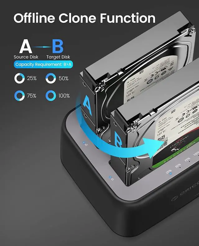 Alt view image 4 of 7 - ORICO SATA to Type-C Dual Bay HDD Docking Station for 2.5/3.5 inch HDD/SSD Support 2X18TB Max With Offline Clone Function 12V3A Power Supply