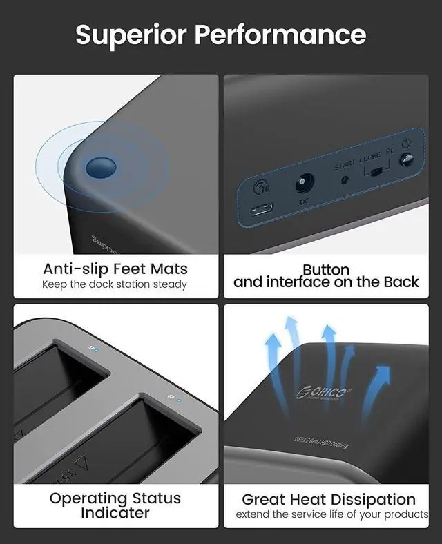 Alt view image 6 of 7 - ORICO SATA to Type-C Dual Bay HDD Docking Station for 2.5/3.5 inch HDD/SSD Support 2X18TB Max With Offline Clone Function 12V3A Power Supply