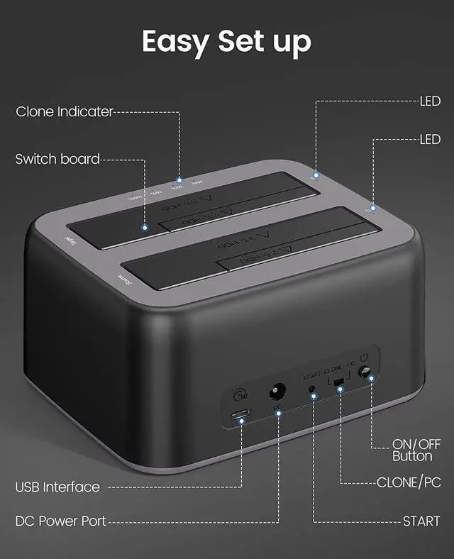 Alt view image 5 of 7 - ORICO SATA to Type-C Dual Bay HDD Docking Station for 2.5/3.5 inch HDD/SSD Support 2X18TB Max With Offline Clone Function 12V3A Power Supply