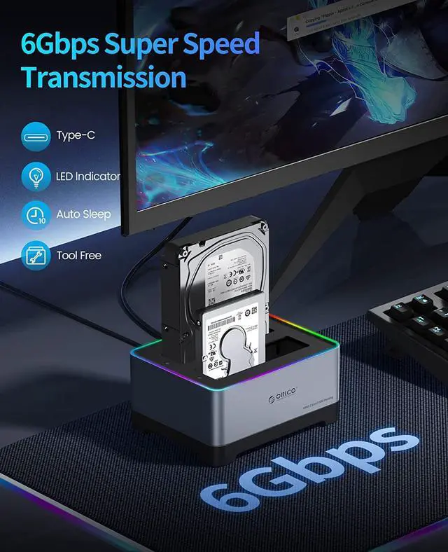 Alt view image 4 of 7 - ORICO 2 Bay RGB HDD Docking Station Type-C Aluminum 2.5/3.5 Inch HDD Case RGB Cyberpunk Design 10Gbps Fast Speed Hard Disk Bay for PC Without Clone Function