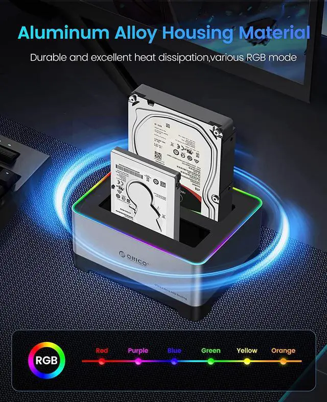 Alt view image 3 of 7 - ORICO 2 Bay RGB HDD Docking Station Type-C Aluminum 2.5/3.5 Inch HDD Case RGB Cyberpunk Design 10Gbps Fast Speed Hard Disk Bay for PC Without Clone Function
