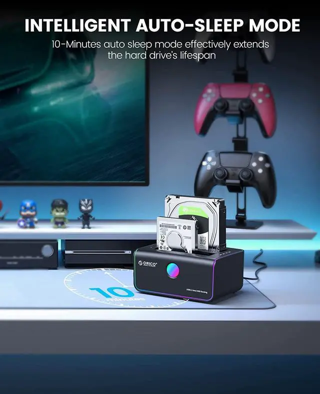 Alt view image 7 of 7 - ORICO 2.5" 3.5" RGB Hard Drive Docking Station Offline Clone USB 3.2 to SATA HDD SSD Hard Drive Dock Duplicator up to 36TB with UASP [Support Both USB-C and USB-A ]