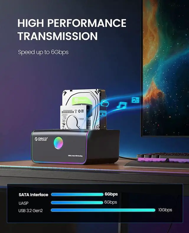 Alt view image 3 of 7 - ORICO 2.5" 3.5" RGB Hard Drive Docking Station Offline Clone USB 3.2 to SATA HDD SSD Hard Drive Dock Duplicator up to 36TB with UASP [Support Both USB-C and USB-A ]