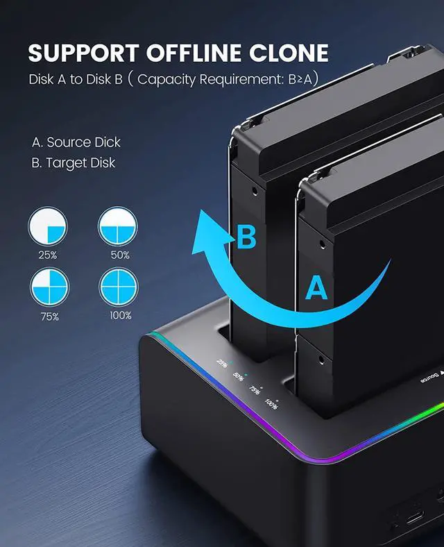Alt view image 4 of 7 - ORICO 2.5" 3.5" RGB Hard Drive Docking Station Offline Clone USB 3.2 to SATA HDD SSD Hard Drive Dock Duplicator up to 36TB with UASP [Support Both USB-C and USB-A ]