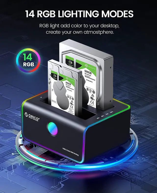 Alt view image 5 of 7 - ORICO 2.5" 3.5" RGB Hard Drive Docking Station Offline Clone USB 3.2 to SATA HDD SSD Hard Drive Dock Duplicator up to 36TB with UASP [Support Both USB-C and USB-A ]