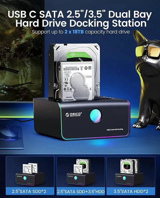 Alt view image 2 of 7 - ORICO 2.5" 3.5" RGB Hard Drive Docking Station Offline Clone USB 3.2 to SATA HDD SSD Hard Drive Dock Duplicator up to 36TB with UASP [Support Both USB-C and USB-A ]