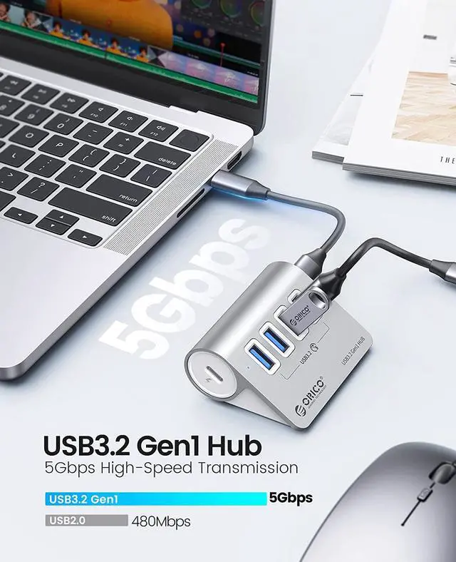 Alt view image 2 of 7 - ORICO USB 3.0 Hub Aluminum [5Gbps], 4 Port USB Hub with 1.64Ft USB-C Cable and USB-A Adapter USB Splitter for iMac, All MacBooks, Mac Mini