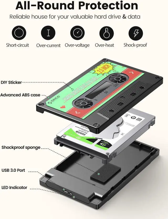 Alt view image 5 of 7 - ORICO 2.5'' Hard Drive Enclosure SATA to USB3.0 Computer HDD Enclosure for 7/9.5mm HDD SSD, Portable External Enclosure with UASP Max 6TB Compatible Xbox, PS4, Samsung, WD (2580U3)