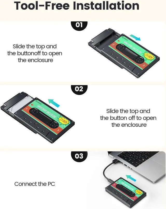 Alt view image 6 of 7 - ORICO 2.5'' Hard Drive Enclosure SATA to USB3.0 Computer HDD Enclosure for 7/9.5mm HDD SSD, Portable External Enclosure with UASP Max 6TB Compatible Xbox, PS4, Samsung, WD (2580U3)