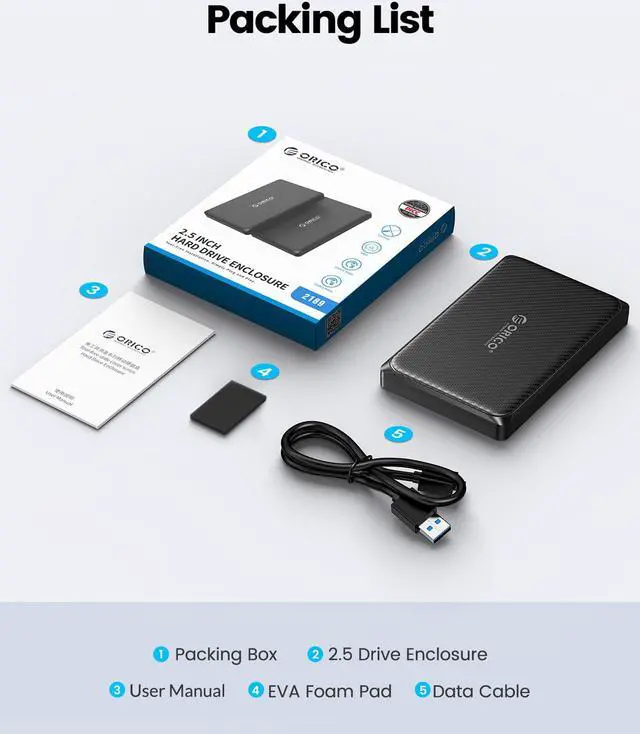 Alt view image 7 of 7 - ORICO Portable USB3.0 to SATA III 2.5" External Hard Drive Enclosure 5Gbps High-Speed for 7mm and 9.5mm 2.5 Inch SATA HDD/SSD Tool Free Support UASP Up to 6TB - 2189U3