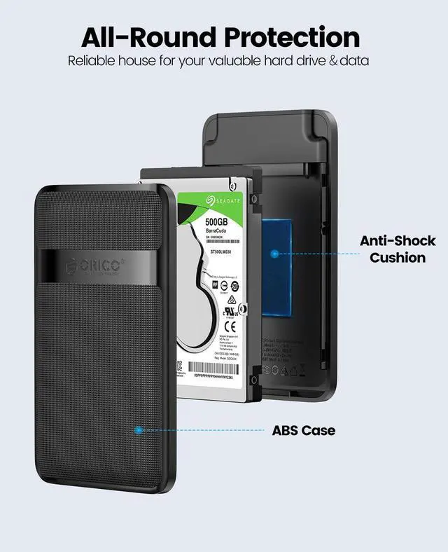 Alt view image 5 of 7 - ORICO 2.5 inch USB3.0 to SATA External Hard Drive Enclosure case with Grid Texture Design Tool Free for 7mm/9.5mm 2.5 inch HDD and SSD Up to 4TB -Black