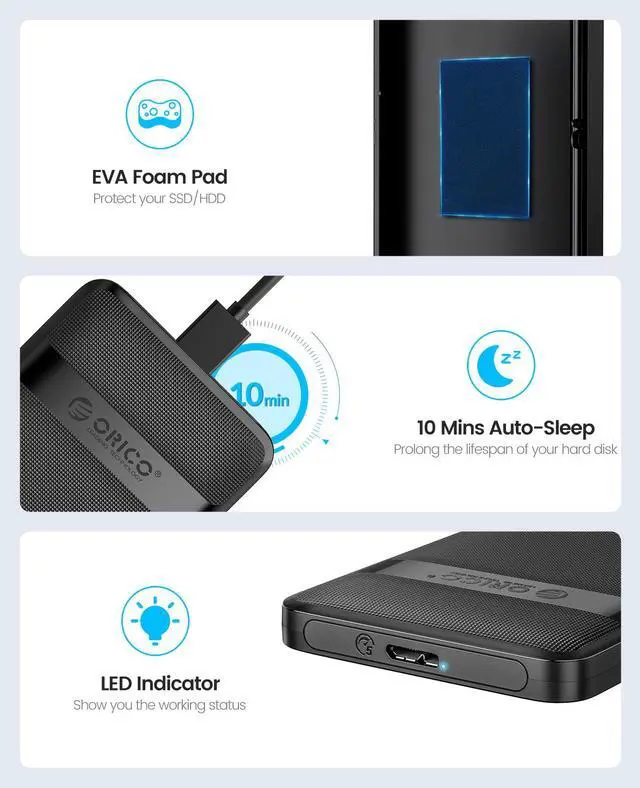 Alt view image 4 of 7 - ORICO 2.5 inch USB3.0 to SATA External Hard Drive Enclosure case with Grid Texture Design Tool Free for 7mm/9.5mm 2.5 inch HDD and SSD Up to 4TB -Black