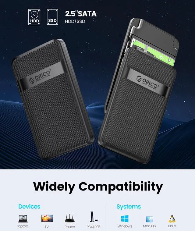Alt view image 6 of 7 - ORICO 2.5 inch USB3.0 to SATA External Hard Drive Enclosure case with Grid Texture Design Tool Free for 7mm/9.5mm 2.5 inch HDD and SSD Up to 4TB -Black