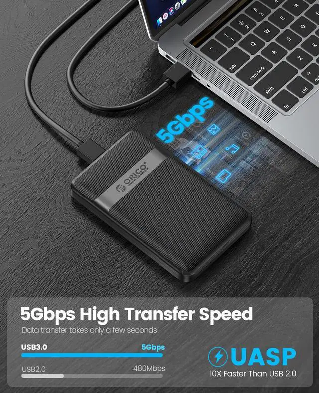 Alt view image 2 of 7 - ORICO 2.5 inch USB3.0 to SATA External Hard Drive Enclosure case with Grid Texture Design Tool Free for 7mm/9.5mm 2.5 inch HDD and SSD Up to 4TB -Black