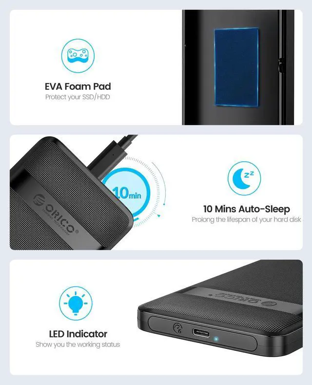 Alt view image 4 of 7 - ORICO 2.5 inch USB3.1 to SATA External Hard Drive Enclosure case with Grid Texture Design Tool Free for 7mm/9.5mm 2.5 inch HDD and SSD Up to 6TB -Black USB 3.1