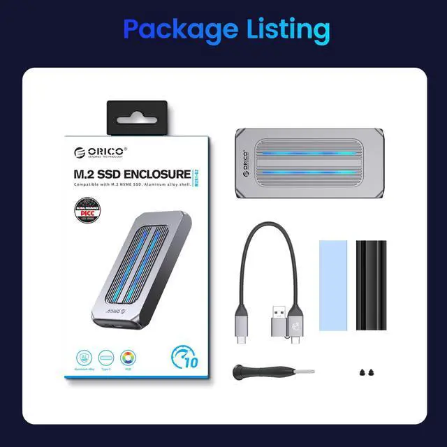 Alt view image 7 of 7 - ORICO  M.2 NVMe SSD Enclosure Aluminum RGB Reader USB 3.1 Gen2 Type-C 10Gbps Support UASP for NVMe SSD Size 2230/2242/2260/2280 - Gray