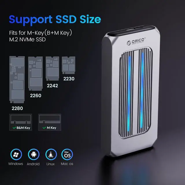 Alt view image 5 of 7 - ORICO  M.2 NVMe SSD Enclosure Aluminum RGB Reader USB 3.1 Gen2 Type-C 10Gbps Support UASP for NVMe SSD Size 2230/2242/2260/2280 - Gray
