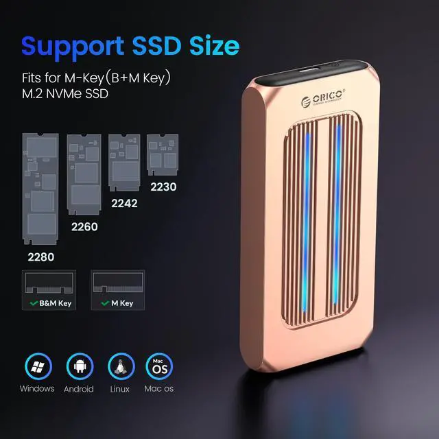 Alt view image 4 of 7 - ORICO  M.2 NVMe SSD Enclosure Aluminum RGB Reader USB 3.1 Gen2 Type-C 10Gbps Support UASP for NVMe SSD Size 2230/2242/2260/2280 - Rose Gold