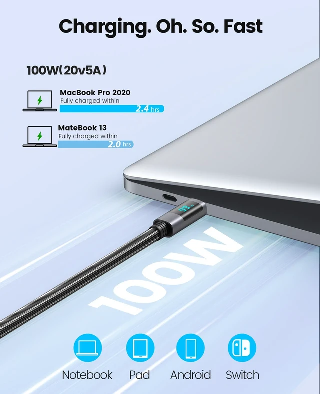 Alt view image 2 of 7 - ORICO USB C to USB C Charging LED Cable C Port Data Cord PD100W Fast Charger Wire for Macbook Huawei Xiaomi laptop charging - 5 ft.