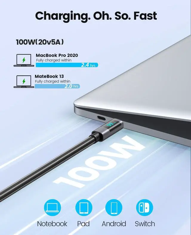 Alt view image 2 of 7 - ORICO USB C to USB C Charging LED Cable C Port Data Cord PD100W Fast Charger Wire for Macbook Huawei Xiaomi laptop charging - 6.5 ft.