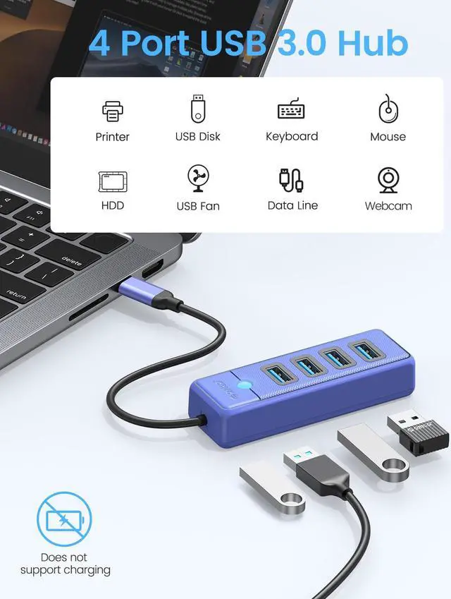 Alt view image 2 of 7 - ORICO USB C Hub 4 Ports USB 3.1 Type C to USB 3.0 Hub Adapter, USB Splitter for Laptop, Mobile Phone, Tablet with 0.5ft Cable, Compatible with Mac OS 10.X and Above, Linux, Android-Blue
