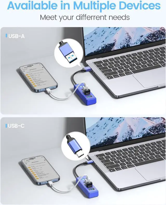 Alt view image 5 of 7 - ORICO USB C Hub 4 Ports USB 3.1 Type C to USB 3.0 Hub Adapter, USB Splitter for Laptop, Mobile Phone, Tablet with 0.5ft Cable, Compatible with Mac OS 10.X and Above, Linux, Android-Blue