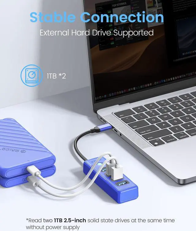 Alt view image 4 of 7 - ORICO USB C Hub 4 Ports USB 3.1 Type C to USB 3.0 Hub Adapter, USB Splitter for Laptop, Mobile Phone, Tablet with 0.5ft Cable, Compatible with Mac OS 10.X and Above, Linux, Android-Blue