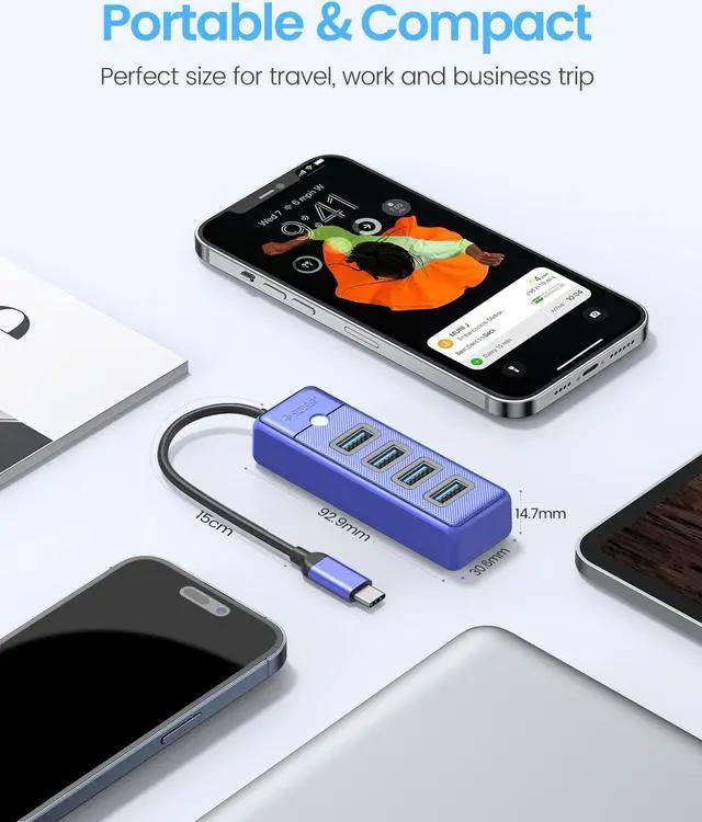 Alt view image 7 of 7 - ORICO USB C Hub 4 Ports USB 3.1 Type C to USB 3.0 Hub Adapter, USB Splitter for Laptop, Mobile Phone, Tablet with 0.5ft Cable, Compatible with Mac OS 10.X and Above, Linux, Android-Blue
