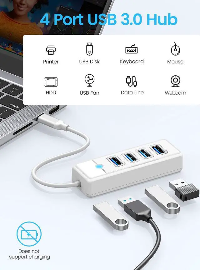 Alt view image 2 of 7 - ORICO 4 Ports USB 3.1 Type C to USB 3.0 Hub Adapter,USB C Hub ,USB Splitter for Laptop, Mobile Phone, Compatible with Mac OS 10.X and Above, Linux, Android-Whte, White ,0.5ft Cable